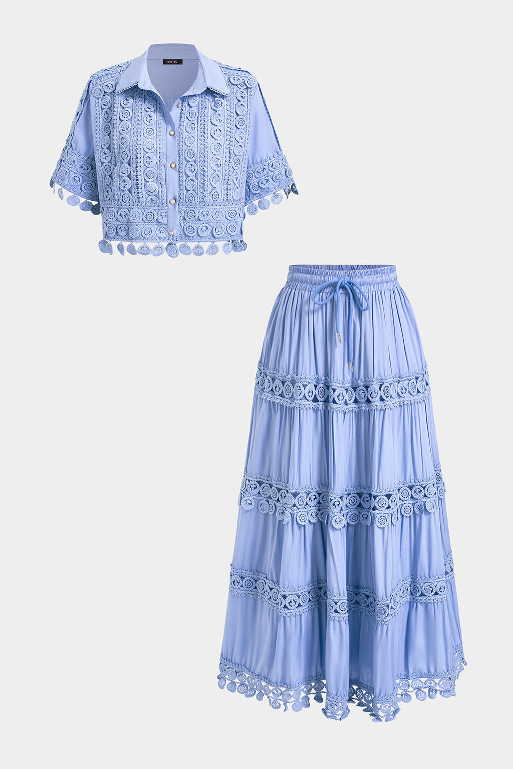 Lace Patchwork Short Sleeve Shirt And Tie-Up Ruched Skirt Set