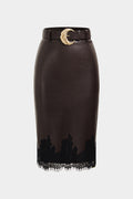 Faux Leather Patchwork Lace Belted Straight Skirt
