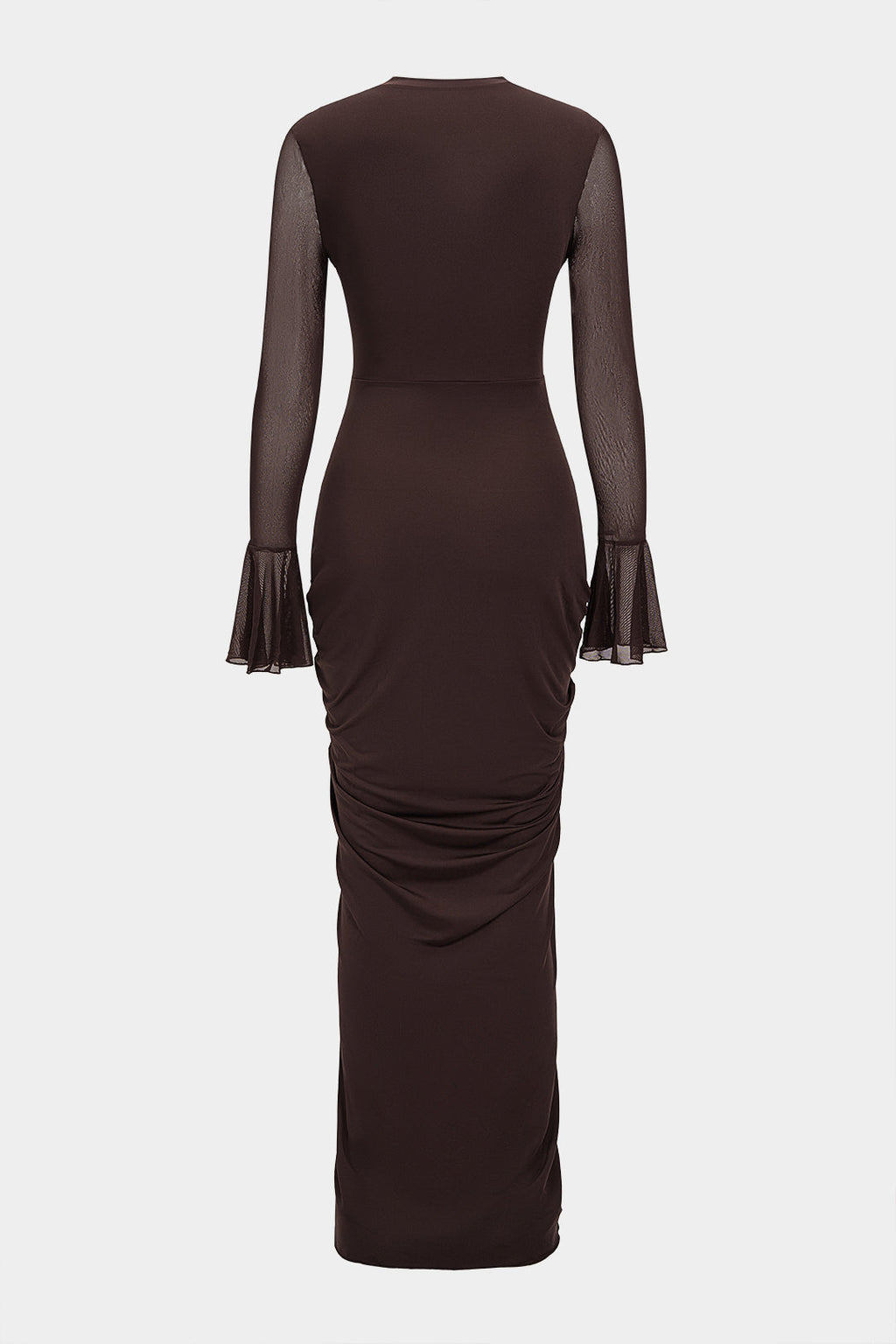 Mesh Patchwork Ruched Bell Long Sleeve Maxi Dress