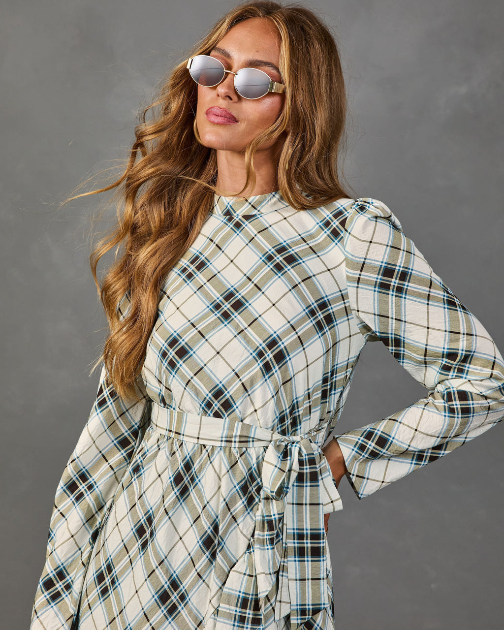 Afternoon Calling Plaid Waist Tie Mini Dress