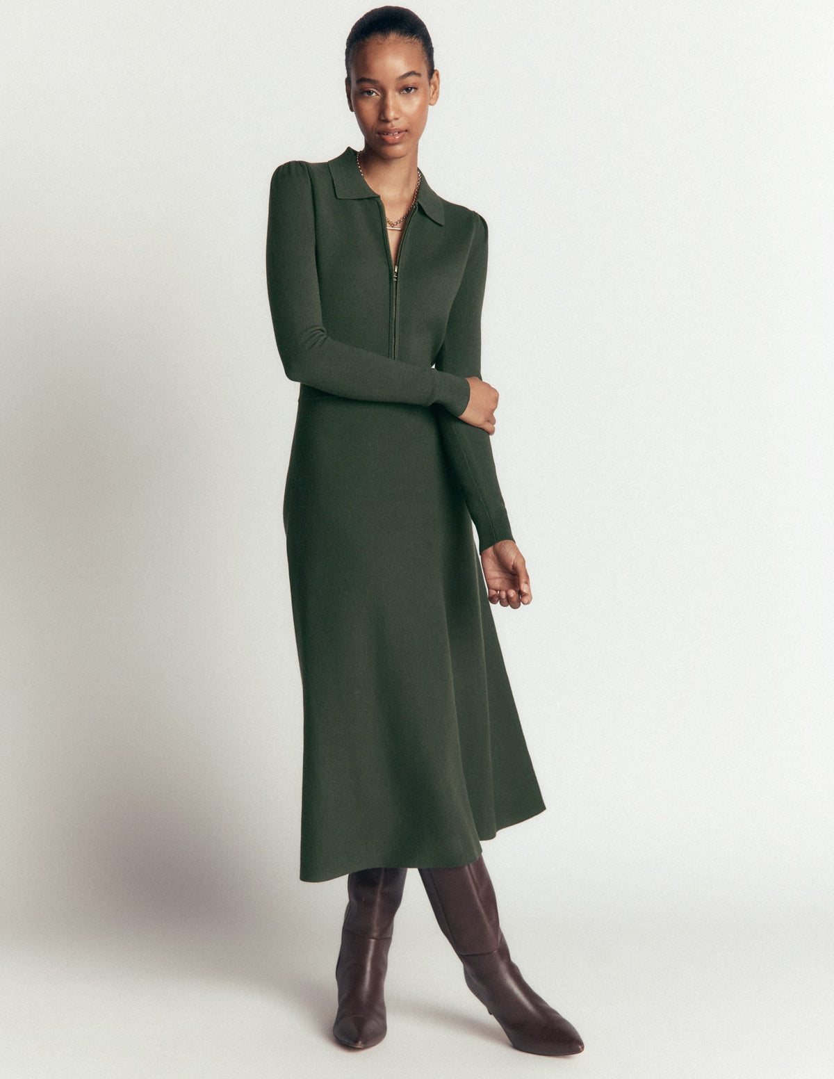 Fiona Zip Front Knitted Dress-Hunter Green