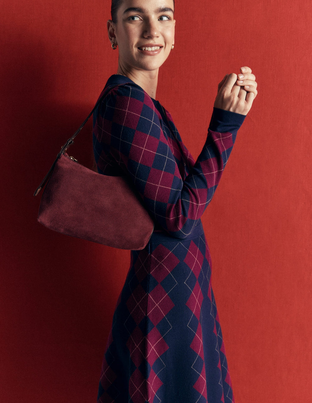 Fiona Zip Front Knitted Dress-Navy and Maroon Argyle