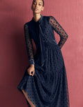 Tie Neck Tiered Tulle Dress-Navy