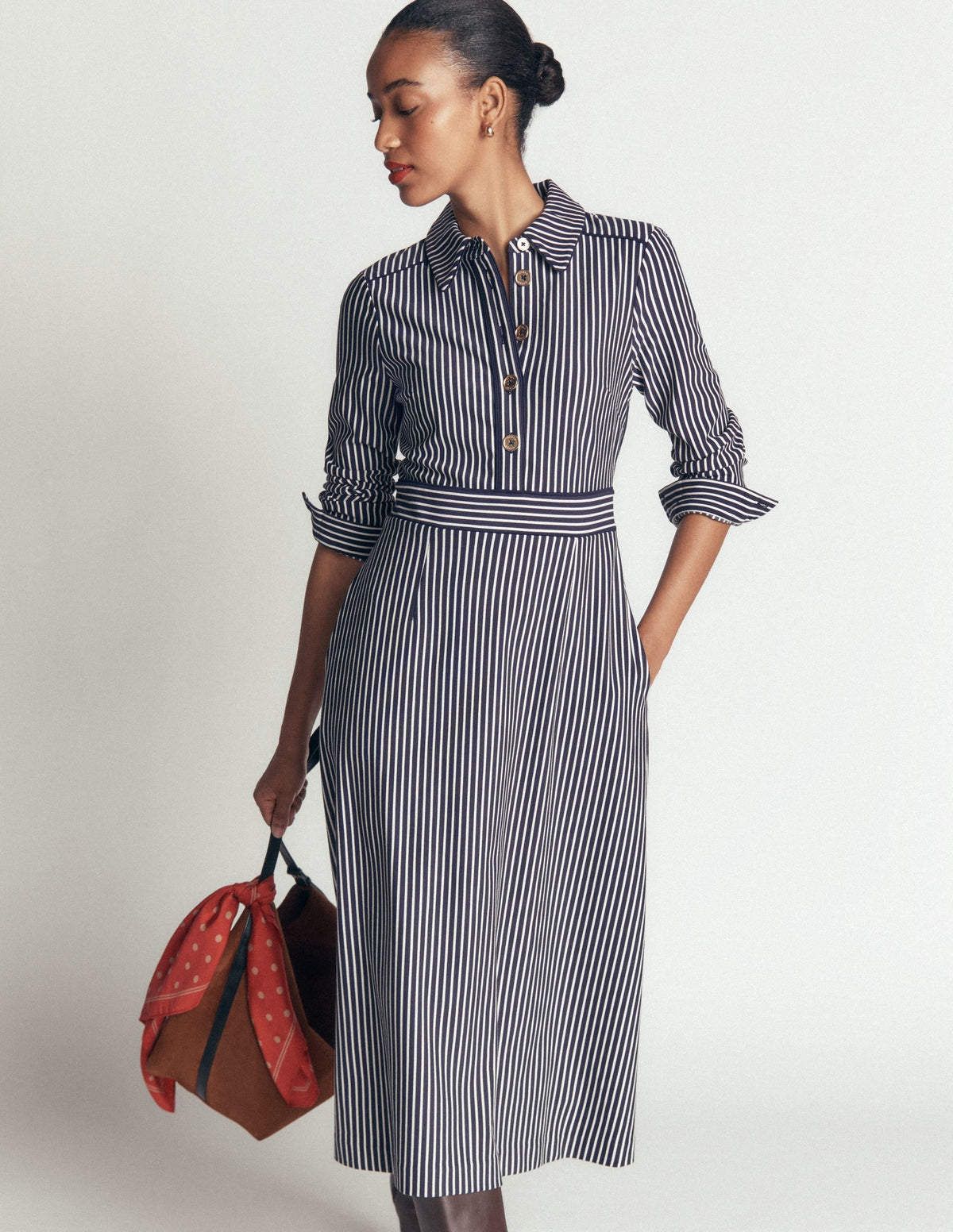 Etta Piping Detail Ponte Dress-Navy, Ivory Stripe