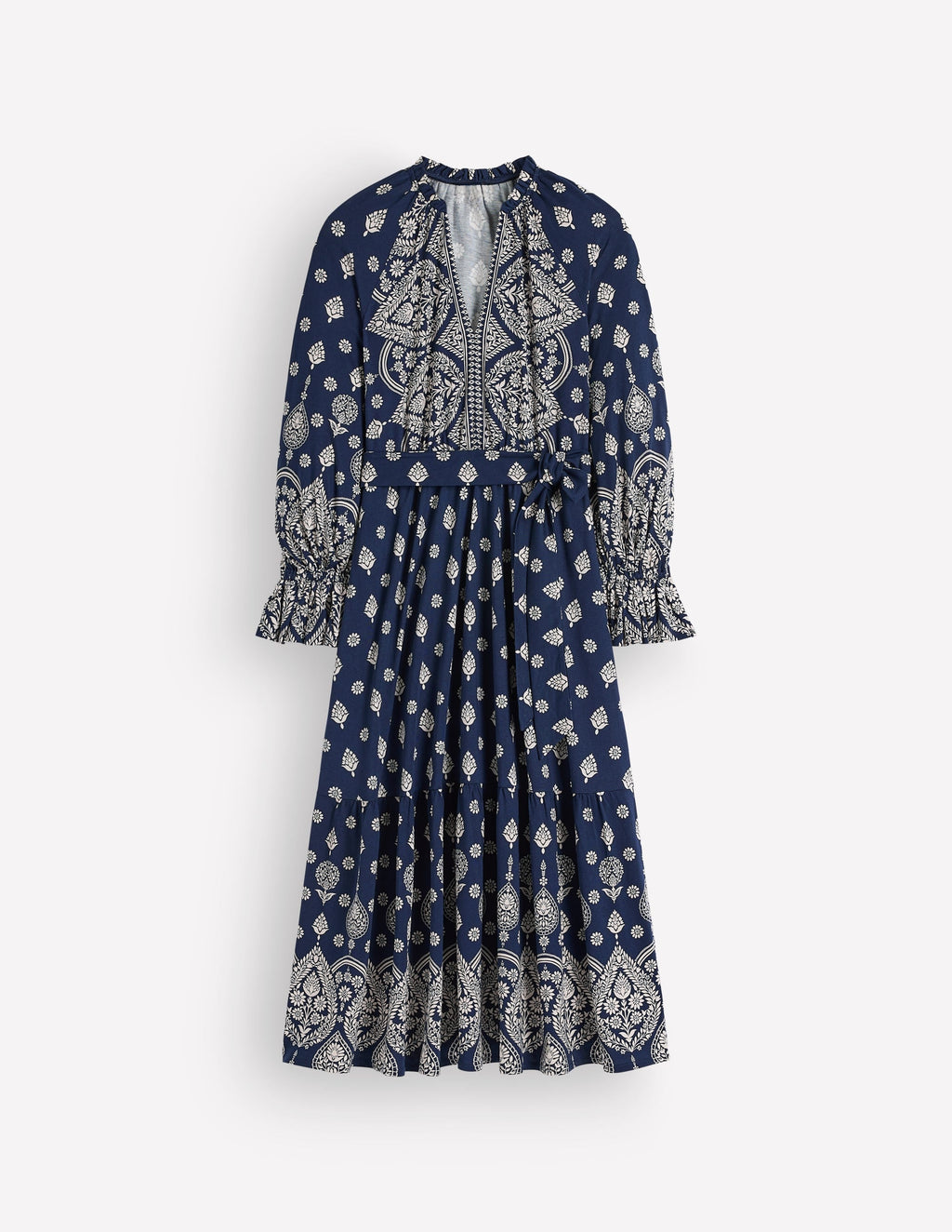 Blouson Tiered Jersey Dress-French Navy, Ornate Gardenia