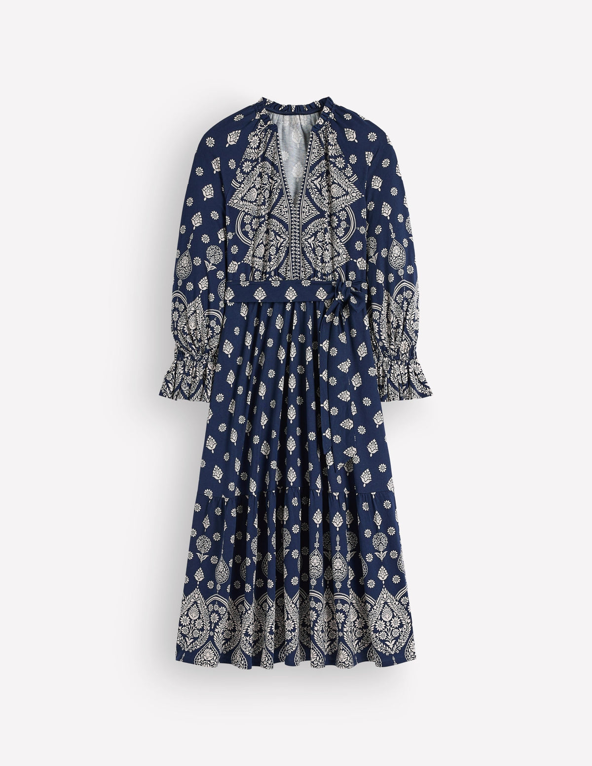 Blouson Tiered Jersey Dress-French Navy, Ornate Gardenia