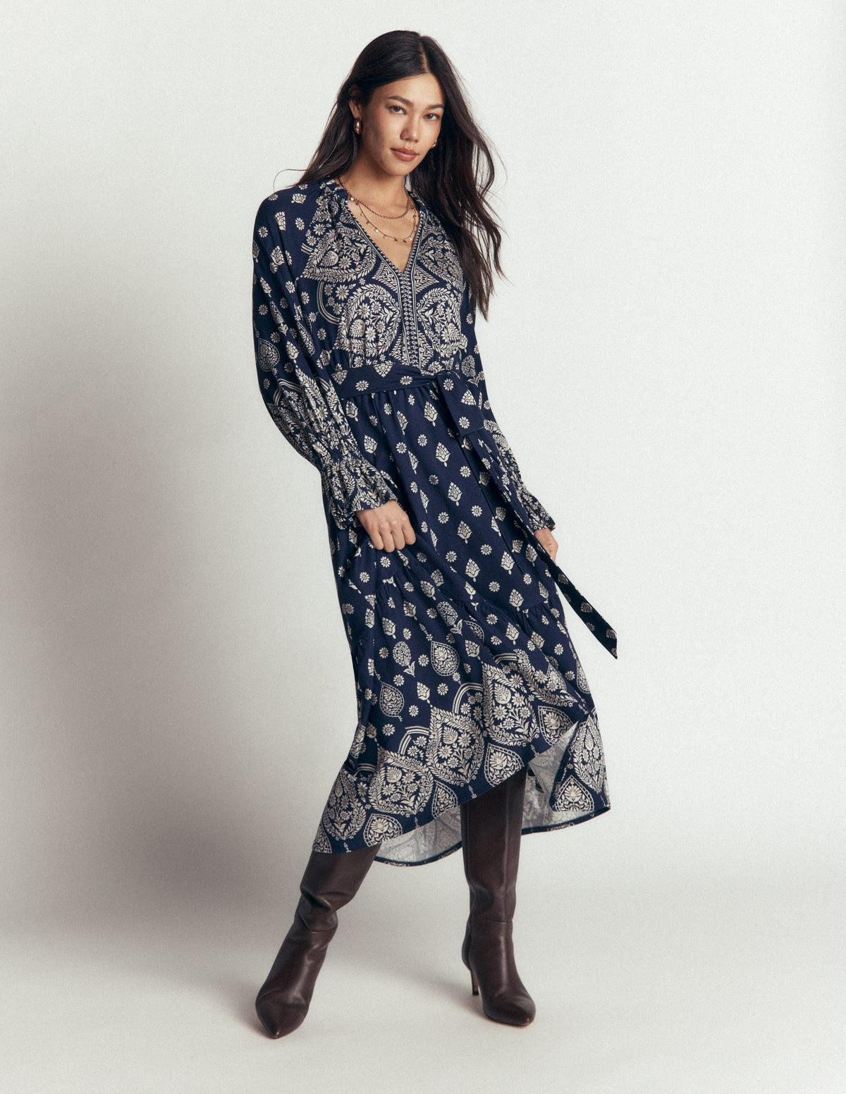 Blouson Tiered Jersey Dress-French Navy, Ornate Gardenia