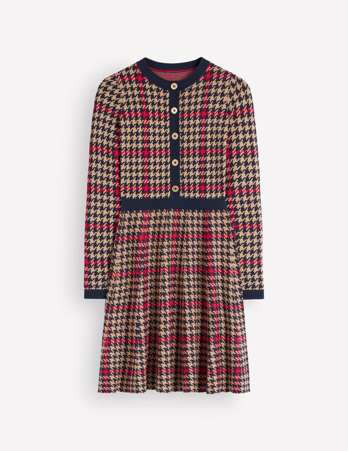Crew Neck Jacquard Dress-Navy, Camel, Red Check