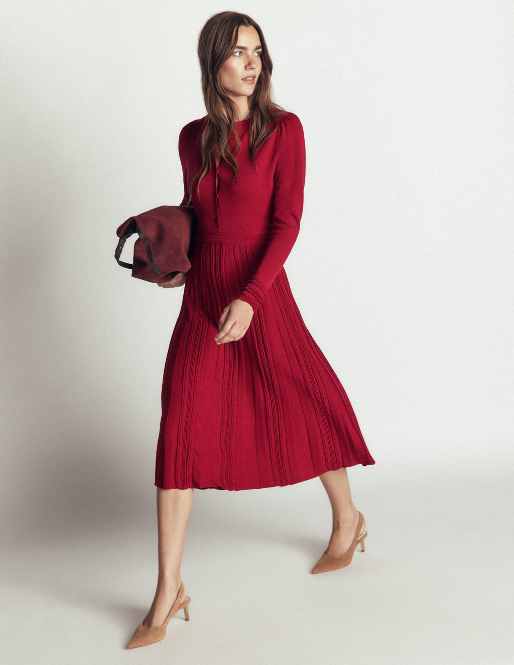 Cable Stitch Knitted Dress-Crimson Red