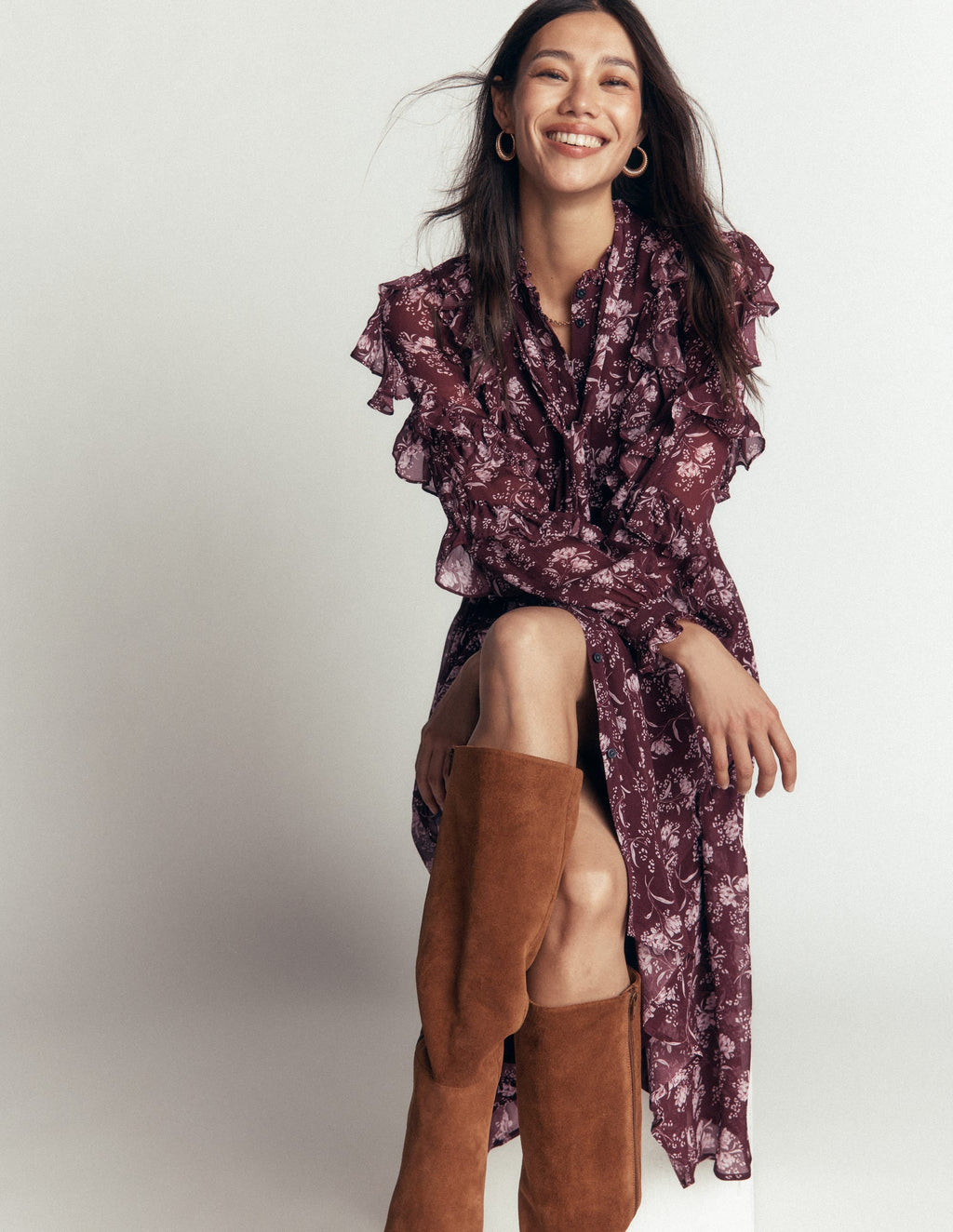 Ruffle Tie Neck Dress-Brown, Enchanted Sprigs
