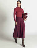 Pleat Side Split Midi Skirt-Dark Cherry