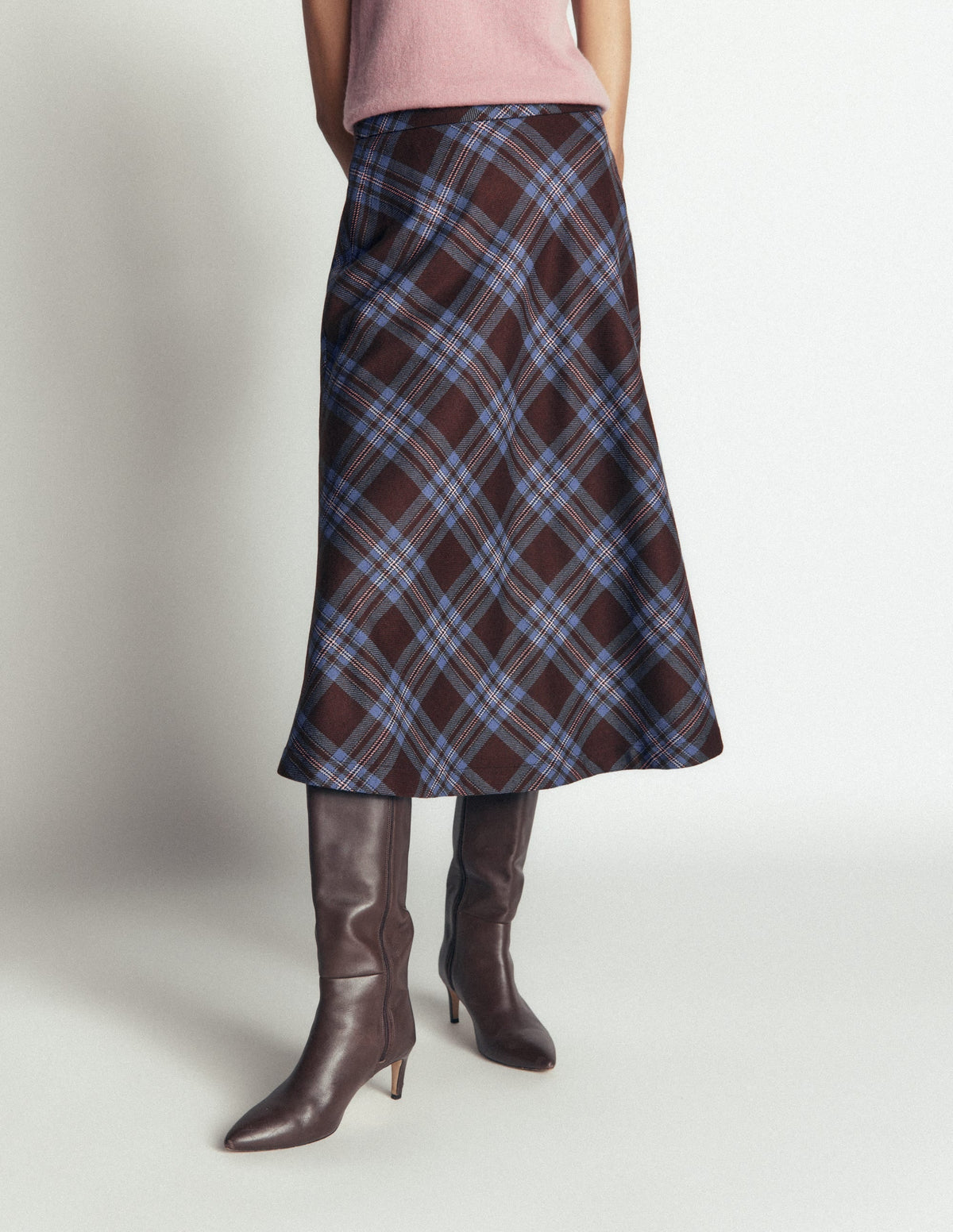 Wool Blend Slip Skirt-Brown Check
