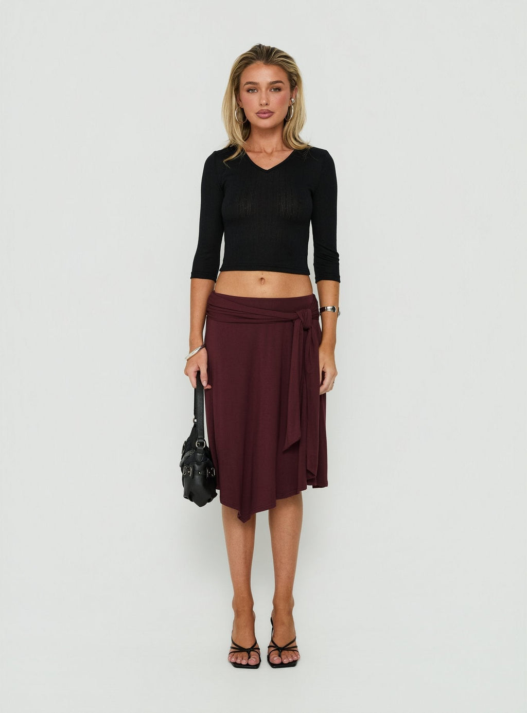 Soft Focus Tie Waist Midi Skirt Plum Noir