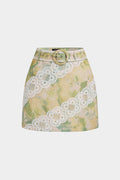 Watercolor Floral Print Applique Belted Mini Skirt