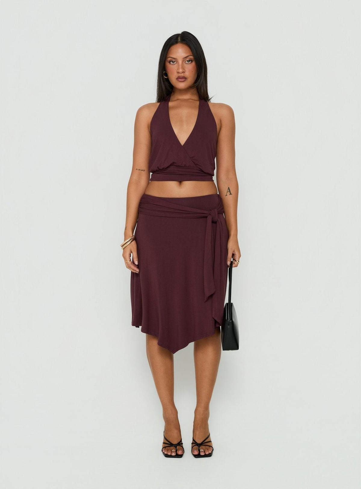 Soft Focus Tie Waist Midi Skirt Plum Noir