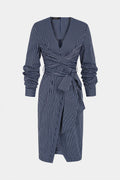 Stripes Print Crossed Knotted Long Sleeve Midi Dress