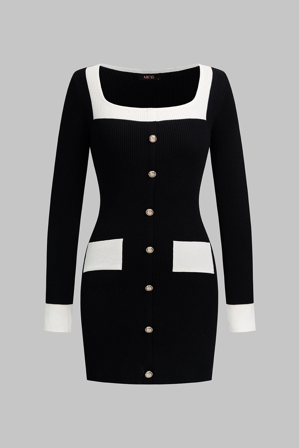 Knit Contrast Square Neck Metallic Button Long Sleeve Mini Dress