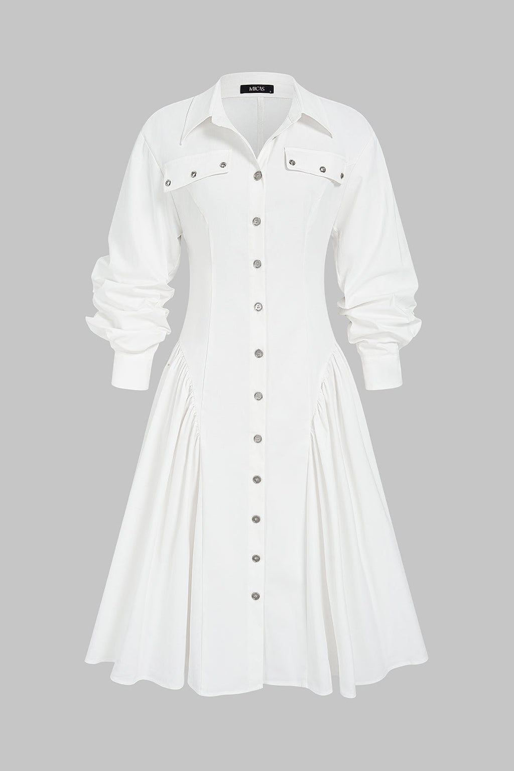 Lapel Fake Pocket Button Long Sleeve Midi Dress