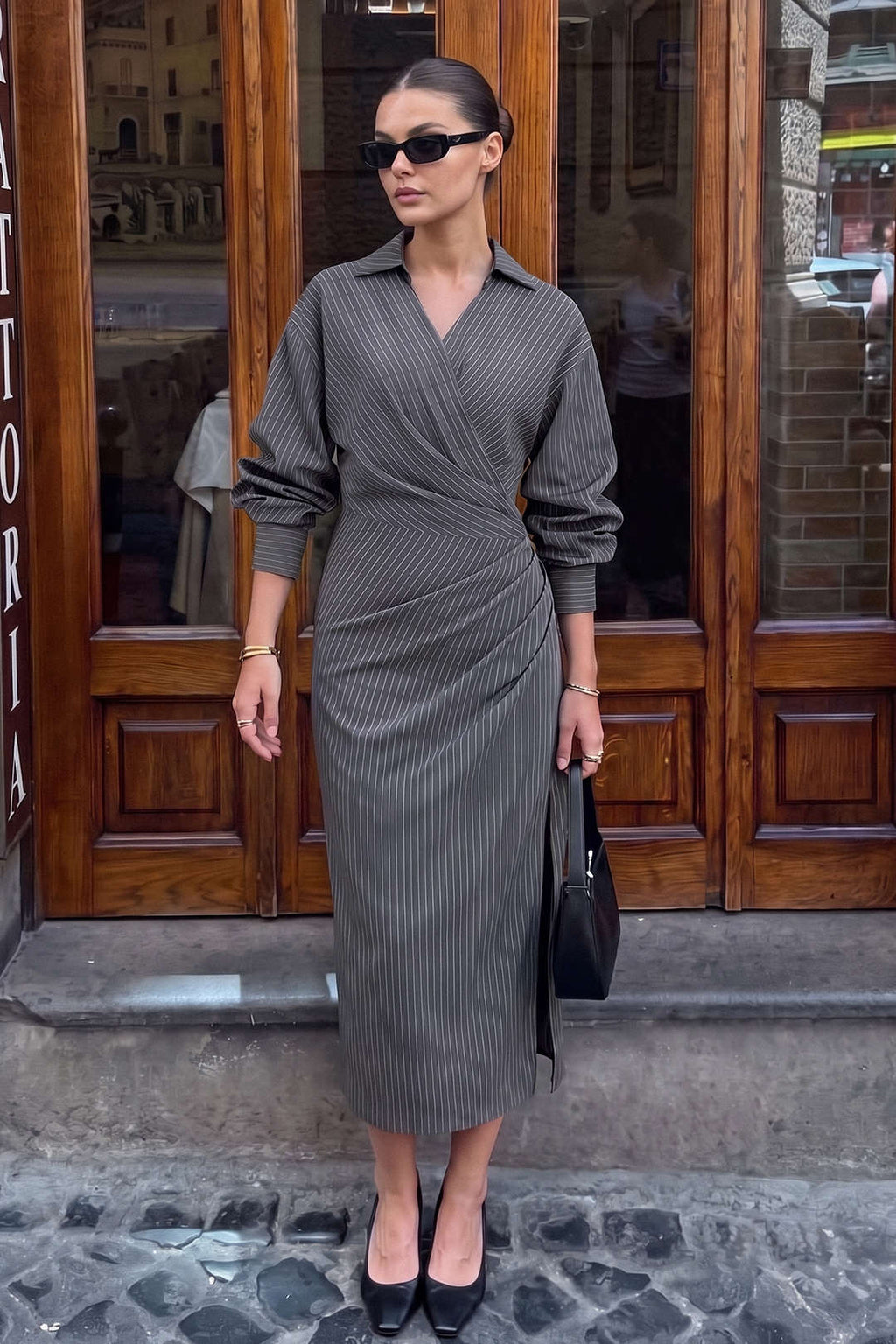 Stripes Print V-Neck Ruched Long Sleeve Maxi Dress
