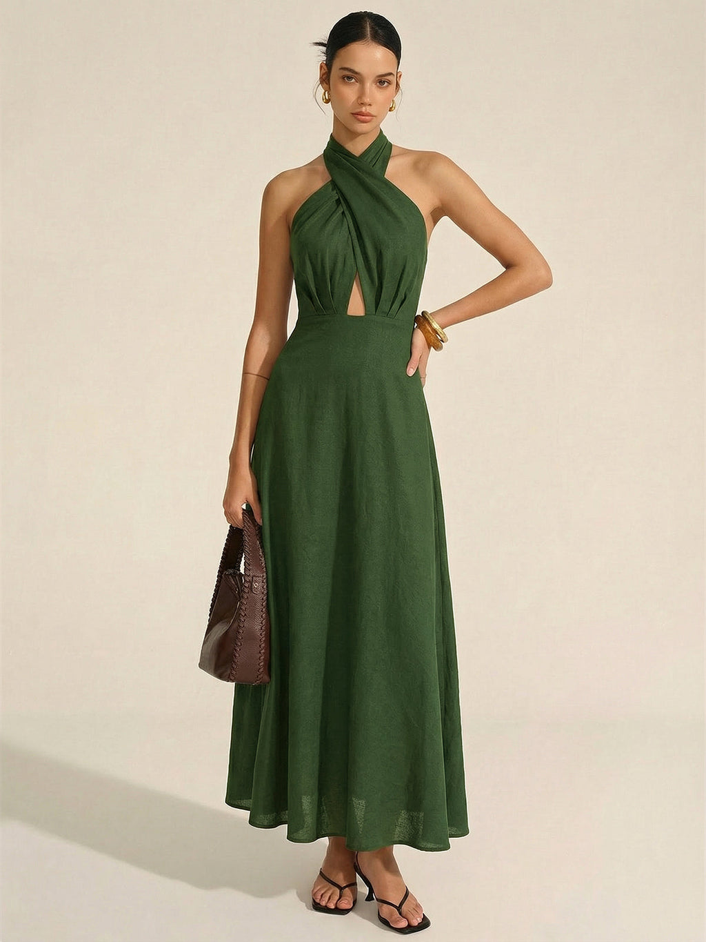 Cotton Linen Halter Neck Cut-Out Maxi Dress