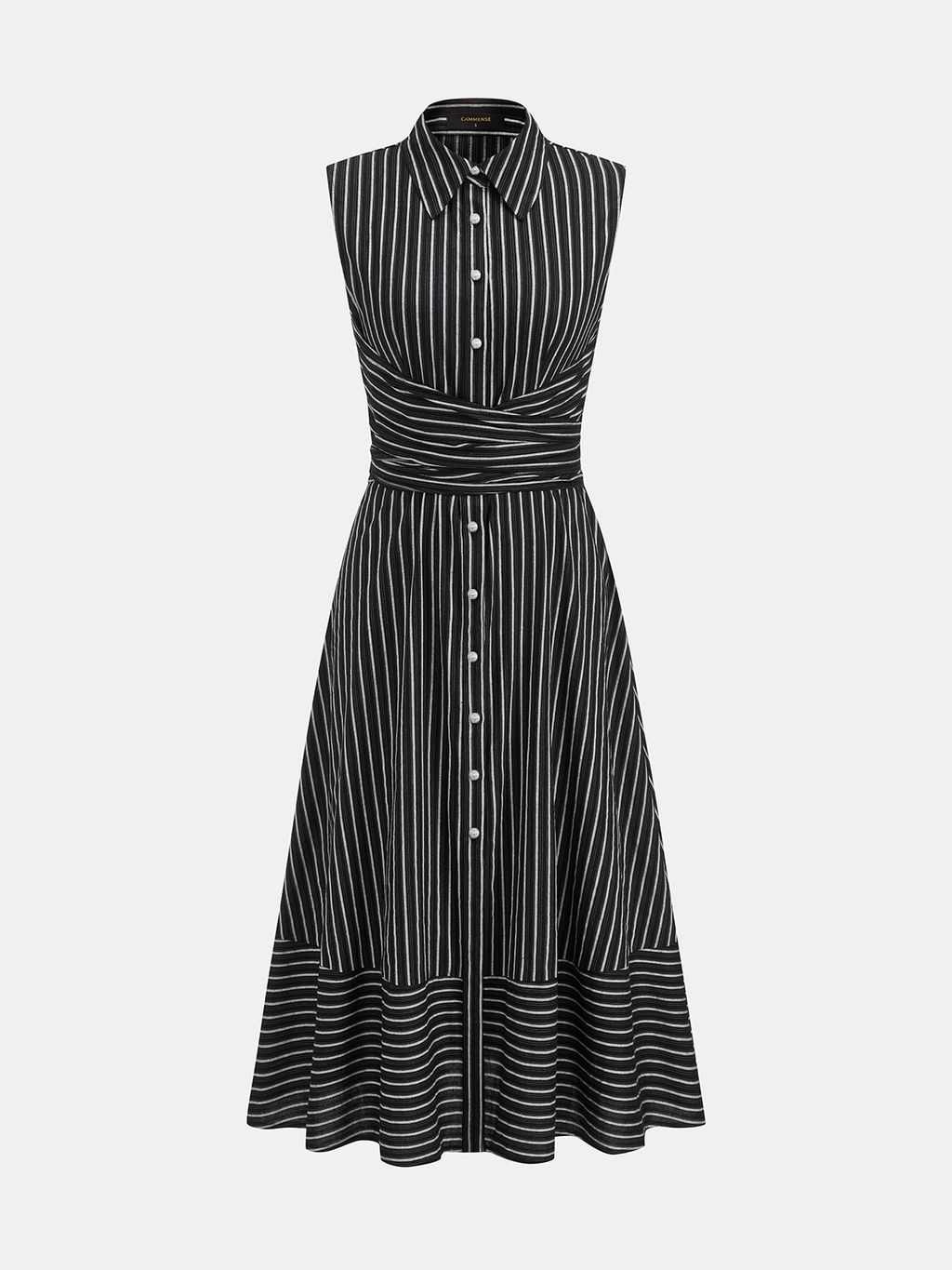 Striped Collared Sleeveless Tie Waist Midi Dress