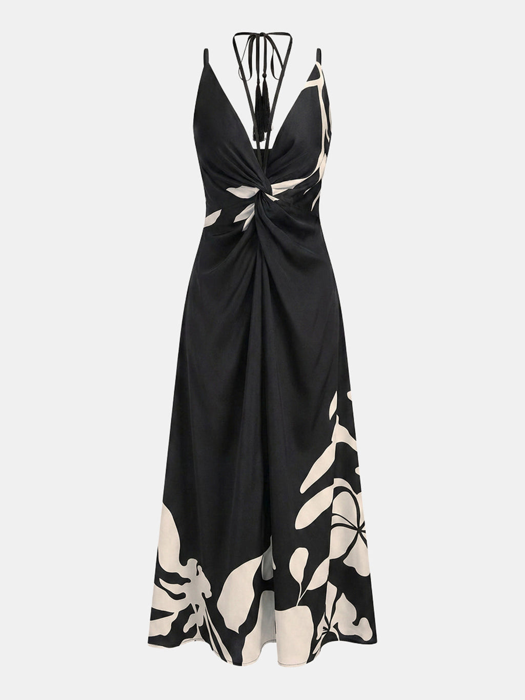 Tassel Detail Twist-Front Floral Print Maxi Dress