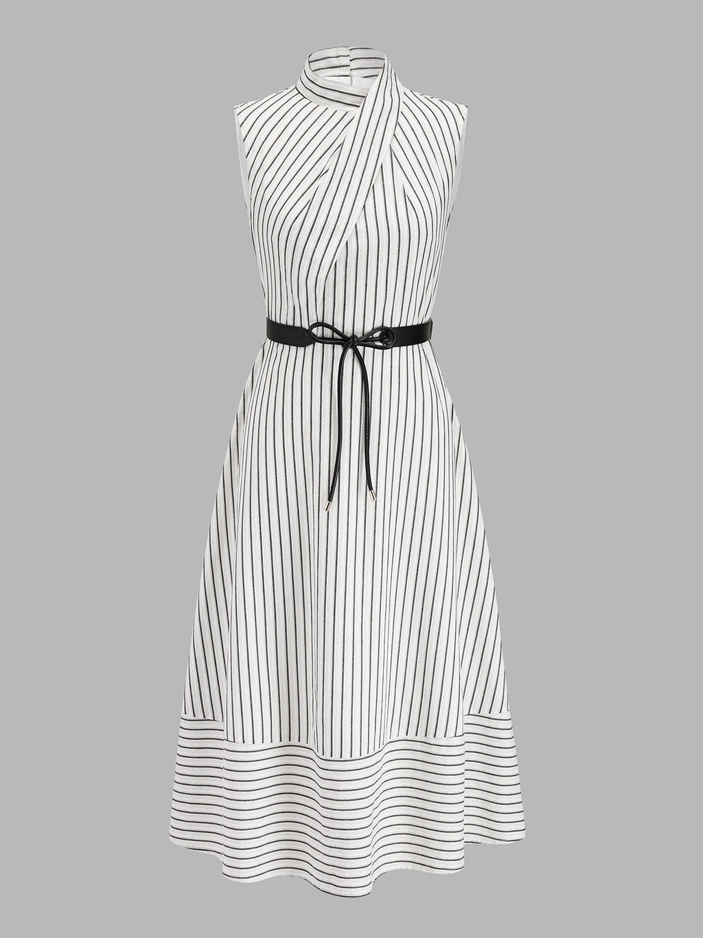Wrap Collar Striped Belted Midi Dress