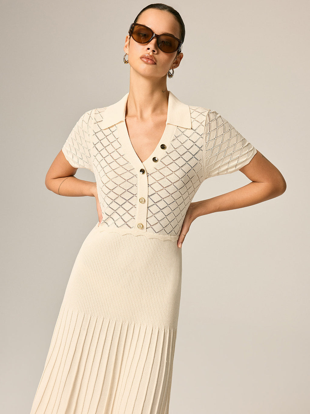 Polo Collar Hollow Knit Pleated Maxi Dress