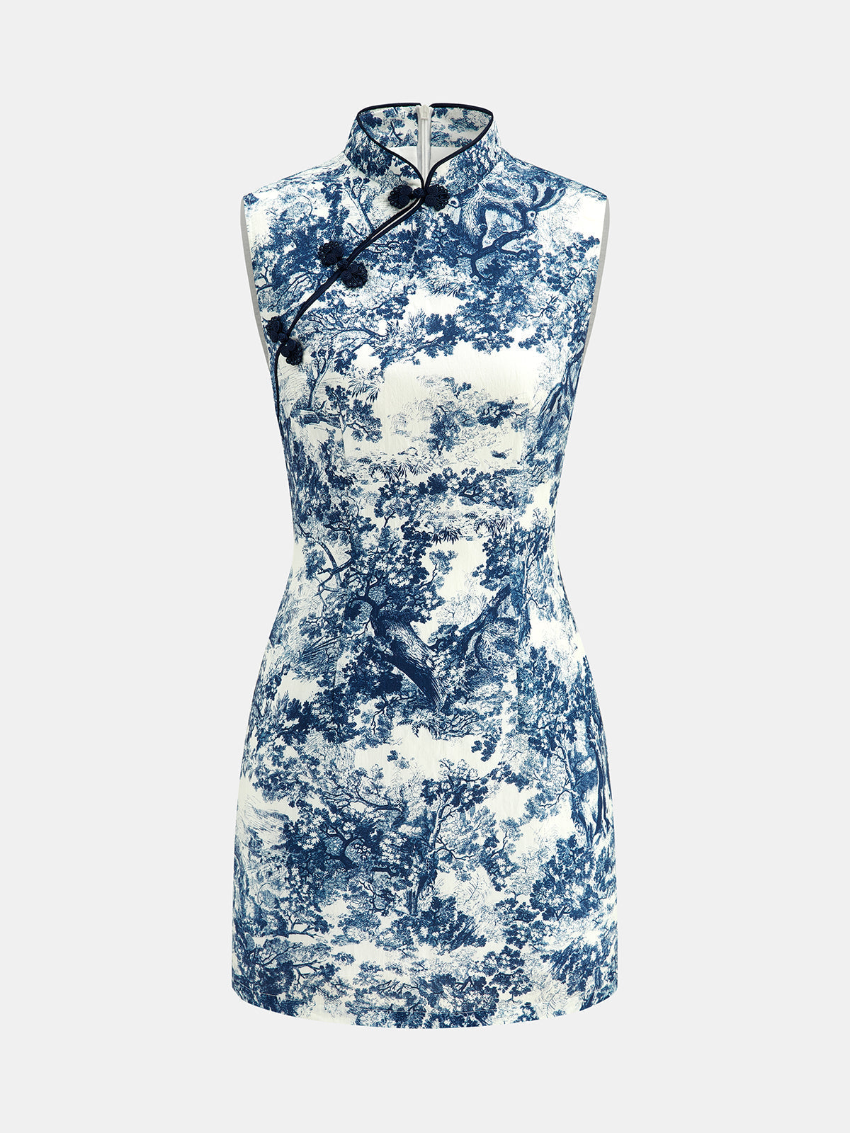 Toile Print Frog Button Sleeveless Mini Dress