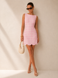 Gingham Scallop Hem Tweed Mini Dress