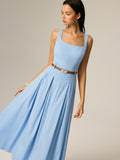 Square Neck Belted Pleated Maxi Dress