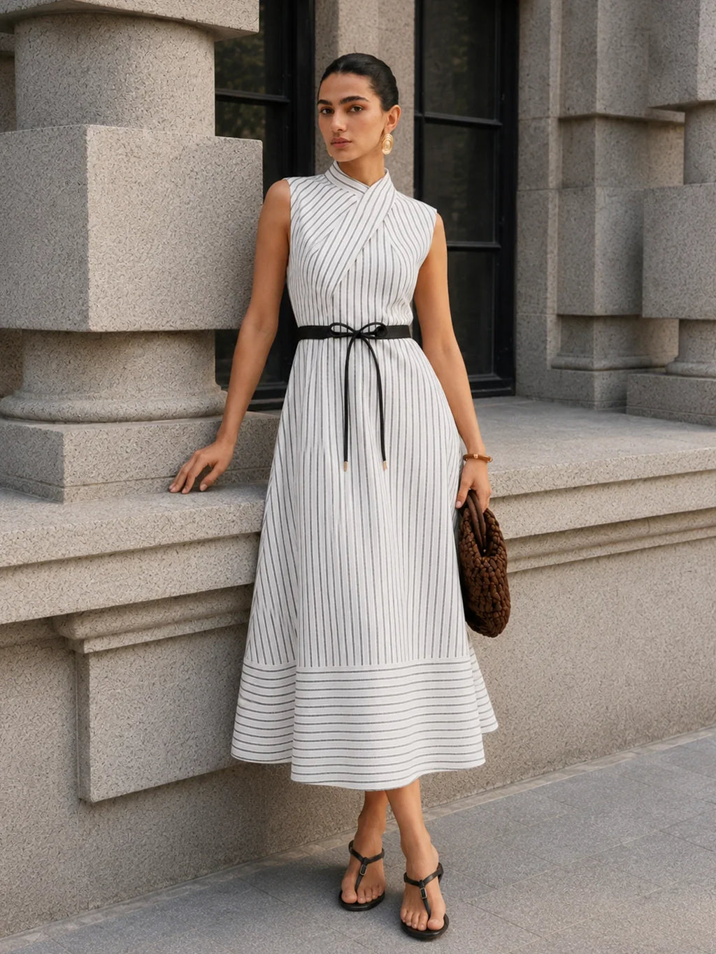 Wrap Collar Striped Belted Midi Dress