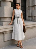 Wrap Collar Striped Belted Midi Dress