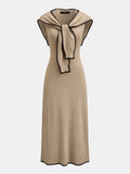 Tie Cape Contrast Trim Knit Midi Dress