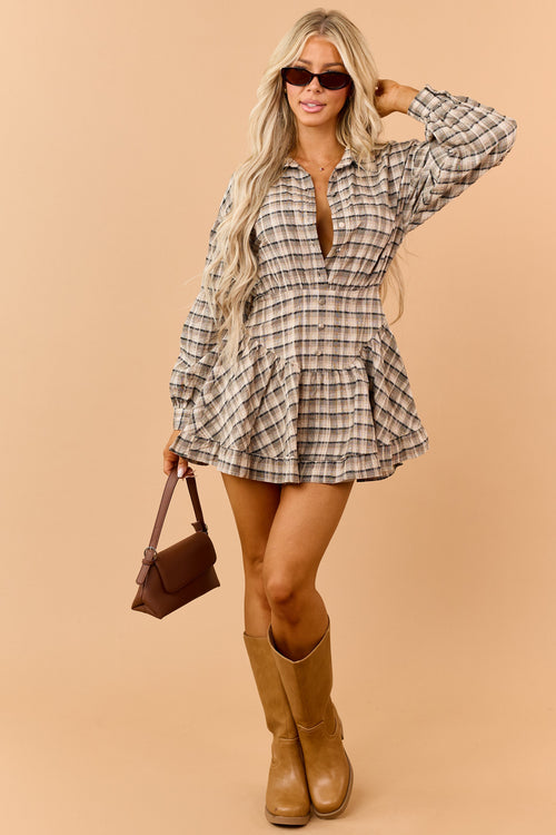 Black Plaid Button Down Basque Waist Mini Dress