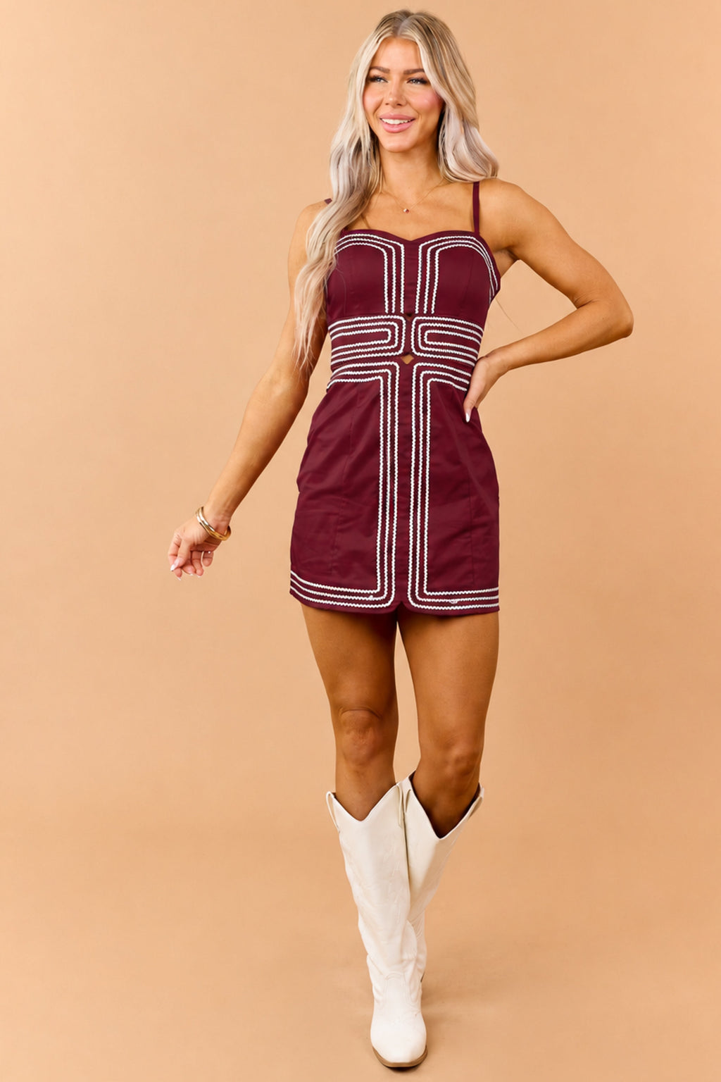 PRE-ORDER Burgundy Cotton Contrast Rick Rack Detail Mini Dress SHIP ETA 9/5