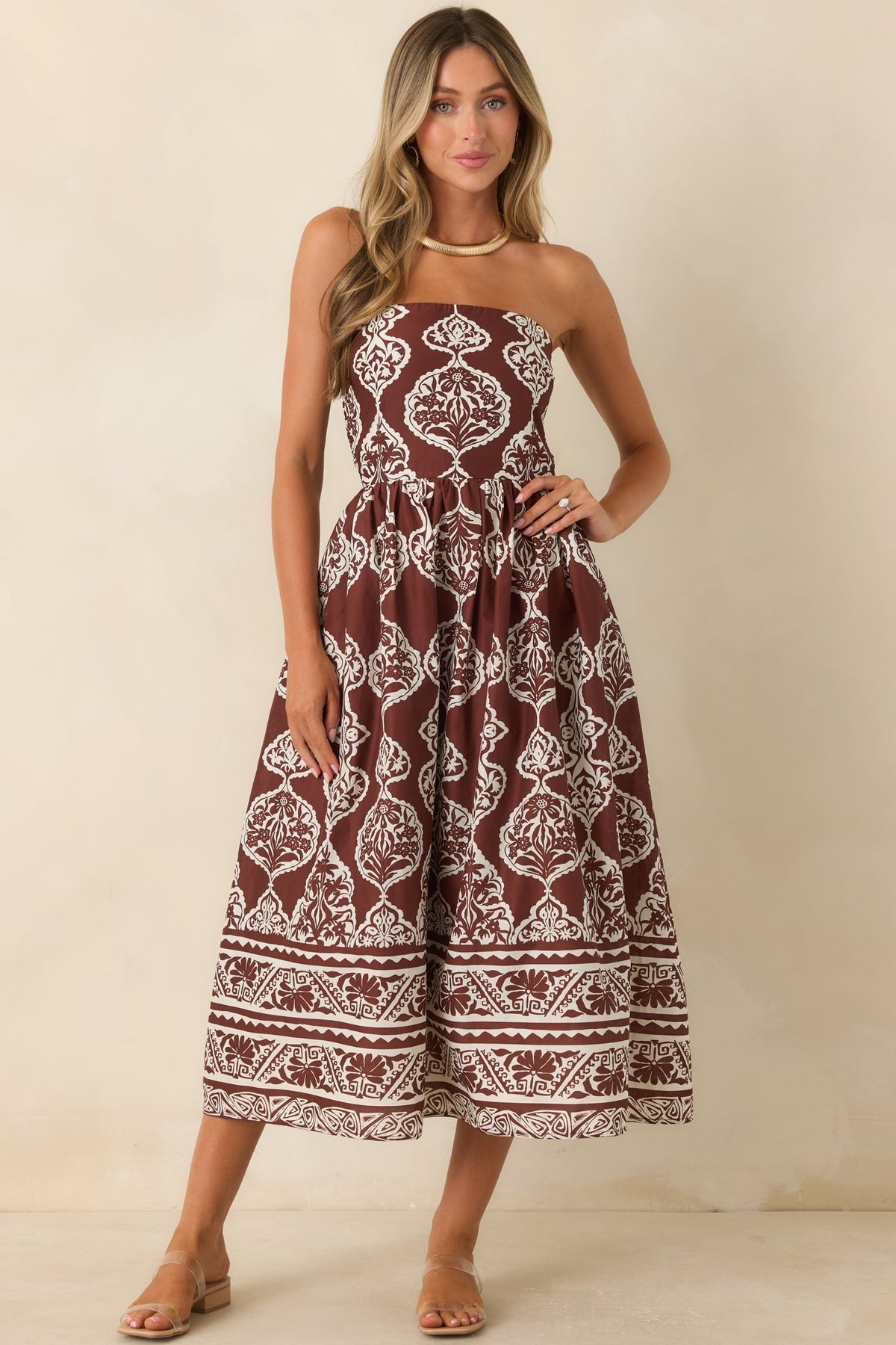 Painted Passage Chocolate & Ivory Cotton Strapless Midi Dress