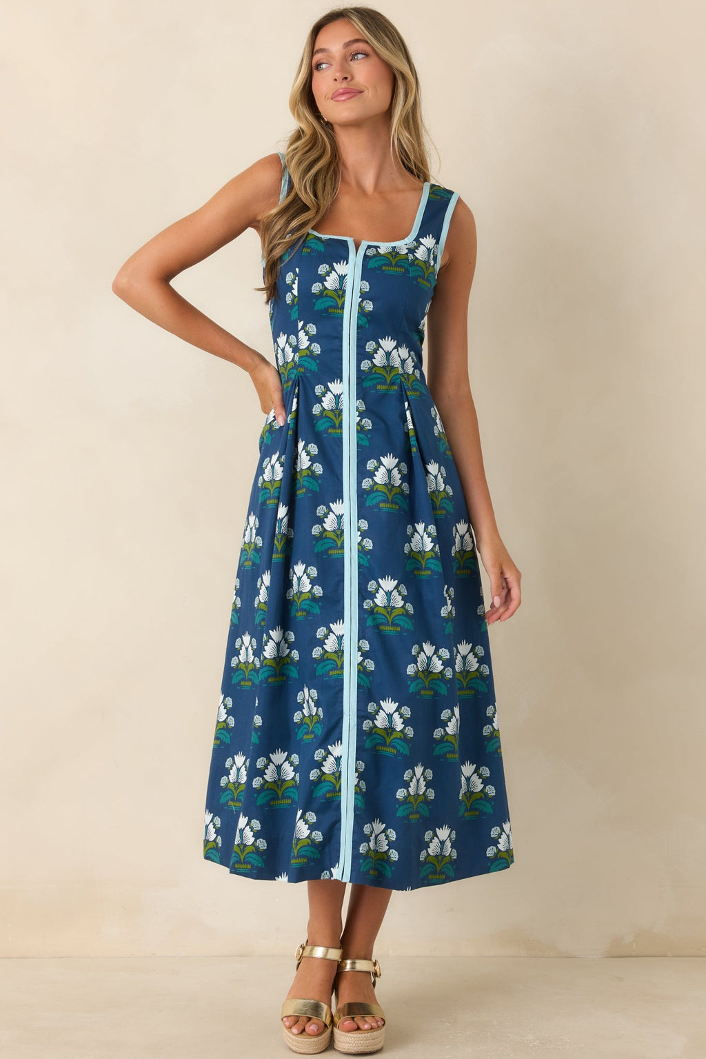 What I Had in Mind Deep Blue Floral Cotton Midi Dress