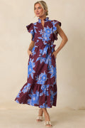 Fresh Air Affair Wine & Cobalt Floral Cotton Eyelet Midi Dress
