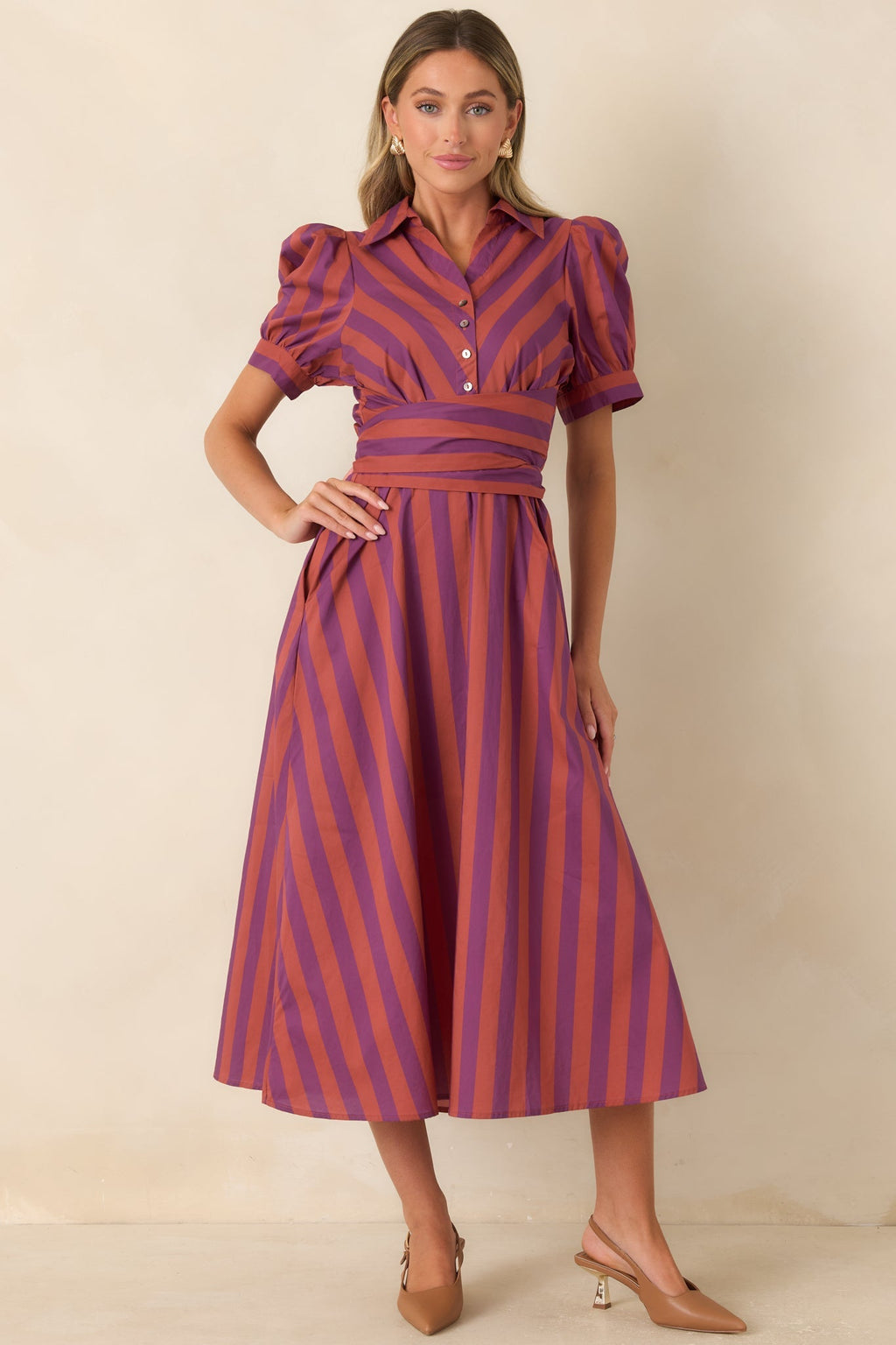 A Fresh Approach Plum & Burgundy Stripe Cotton Midi Shirt Dress