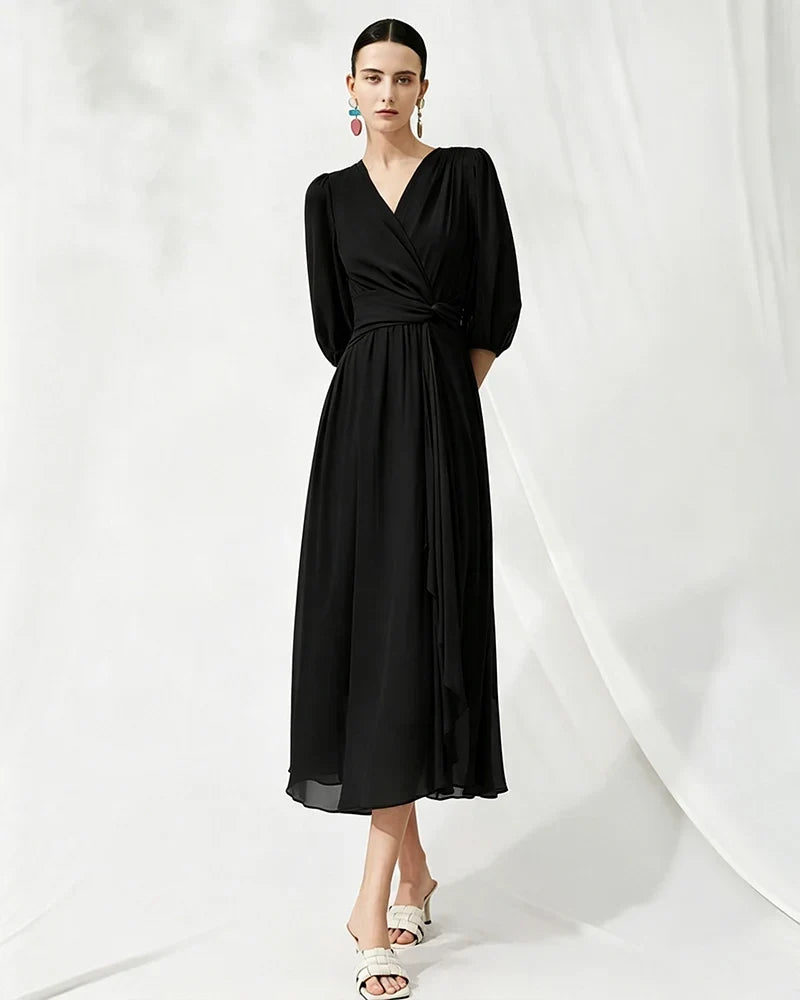 V-Neck Silk Midi Dress with Twist Front Waist