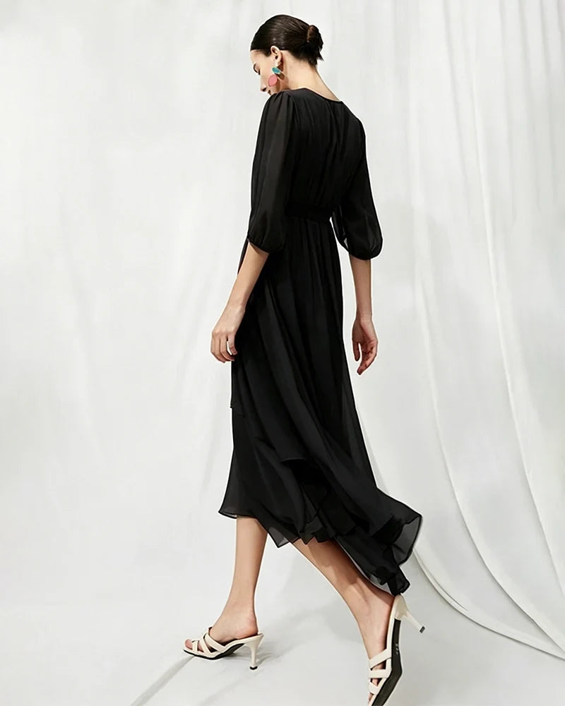 V-Neck Silk Midi Dress with Twist Front Waist