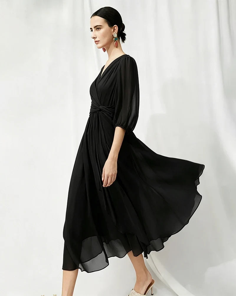 V-Neck Silk Midi Dress with Twist Front Waist