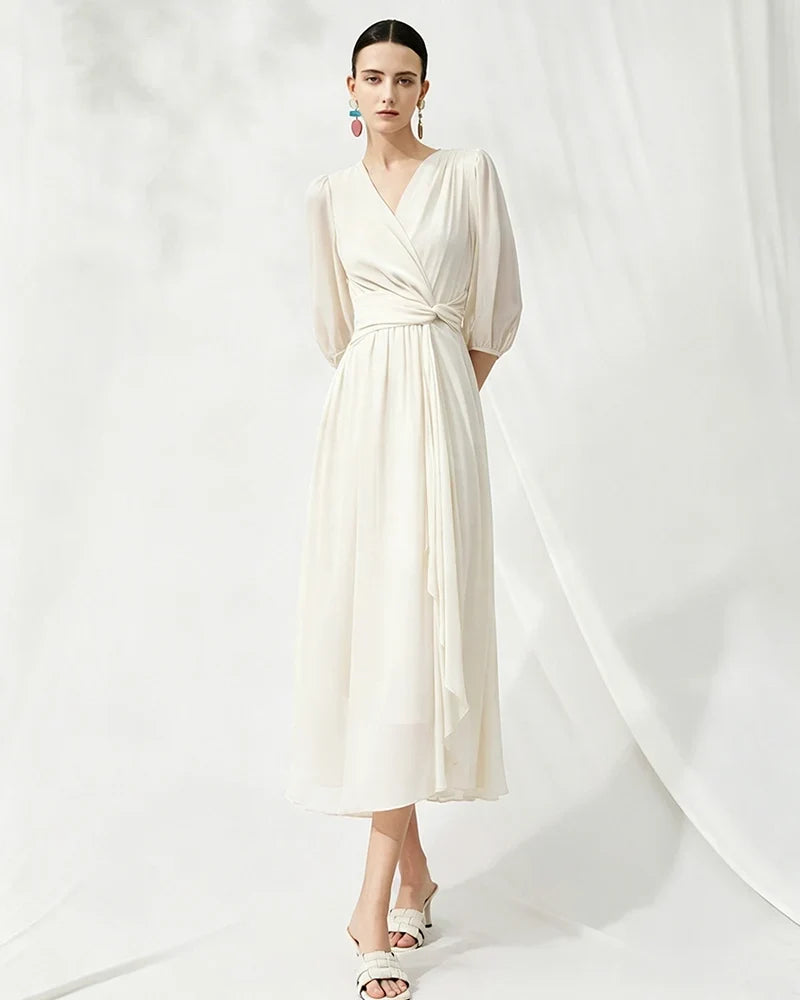 V-Neck Silk Midi Dress with Twist Front Waist