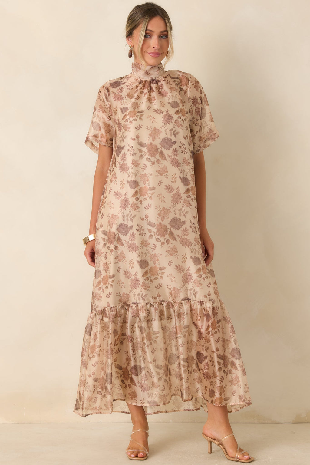 Whispered Intentions Ivory & Taupe Floral Tiered Maxi Dress