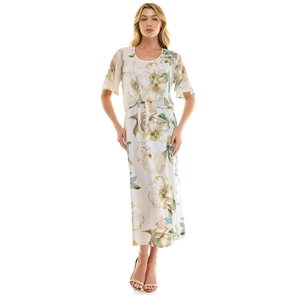 Sleeveless Maxi Dress With Separate Front Tie Shrug In Cream/Green/Taupe