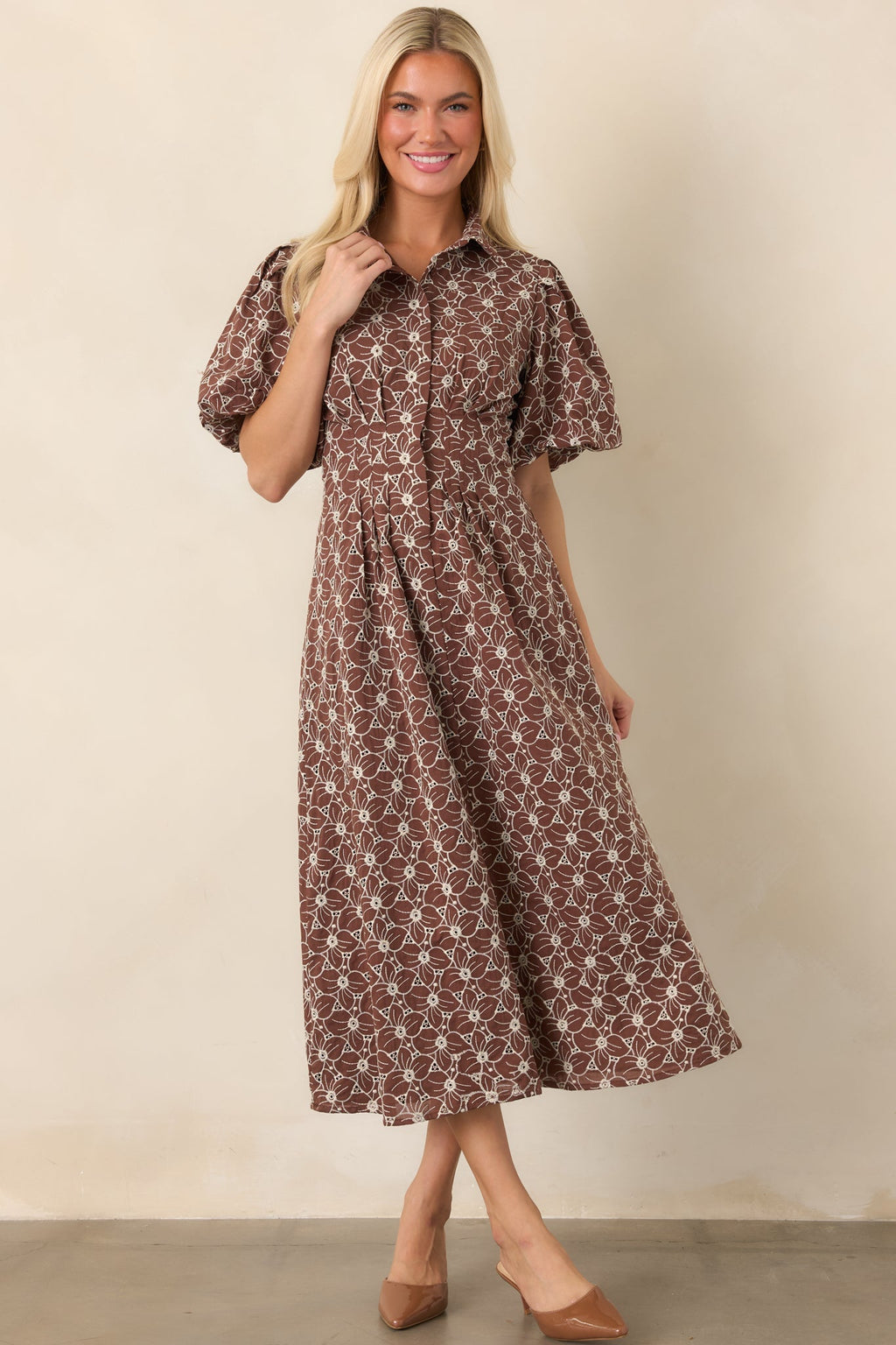 Consider It Done Brown & Ivory Floral Eyelet Cotton Midi Dress