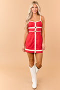 Lipstick Contrast Braided Trim Linen Blend Mini Dress