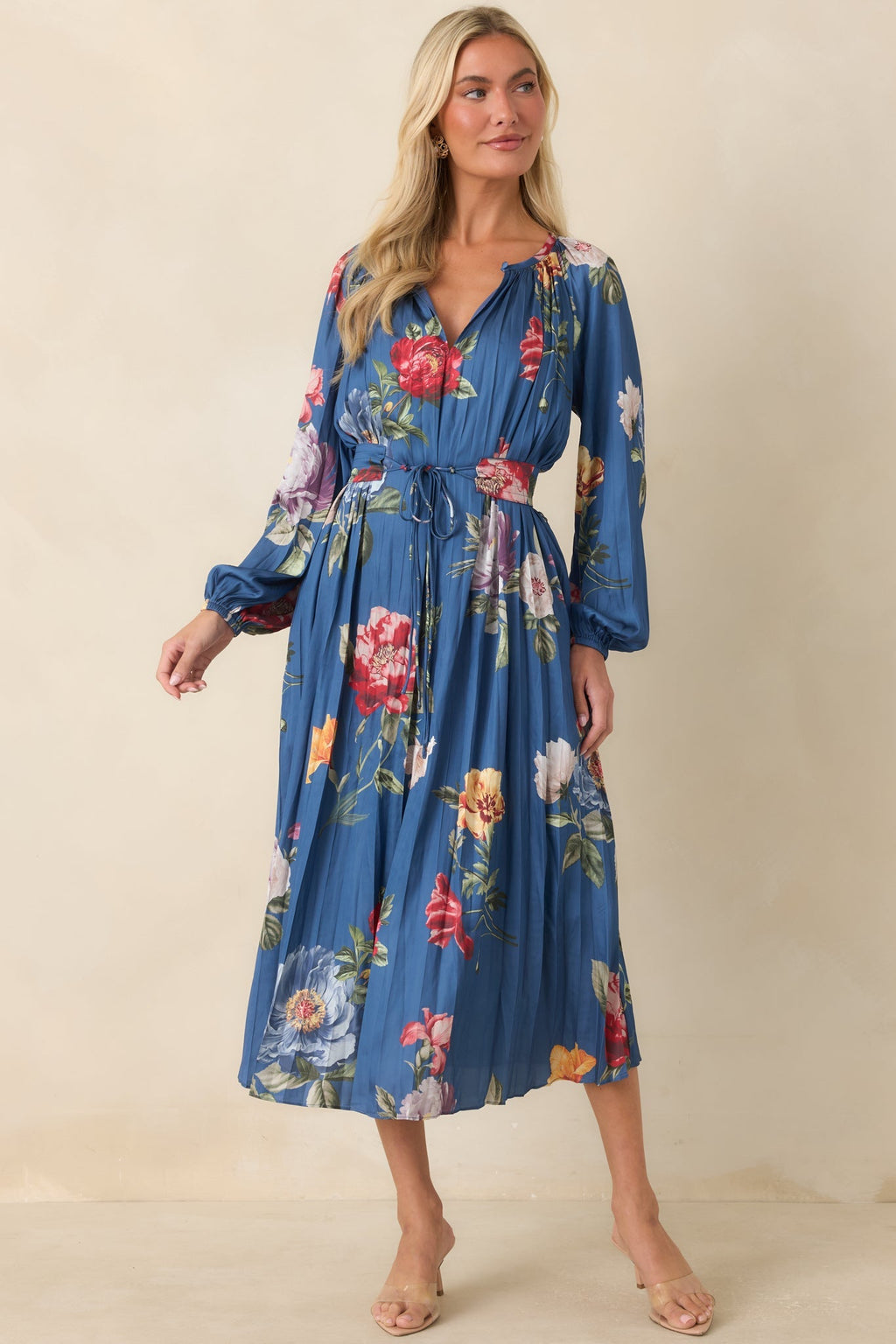 Take My Breath Away Blue Multi Floral Pleated Midi Dress