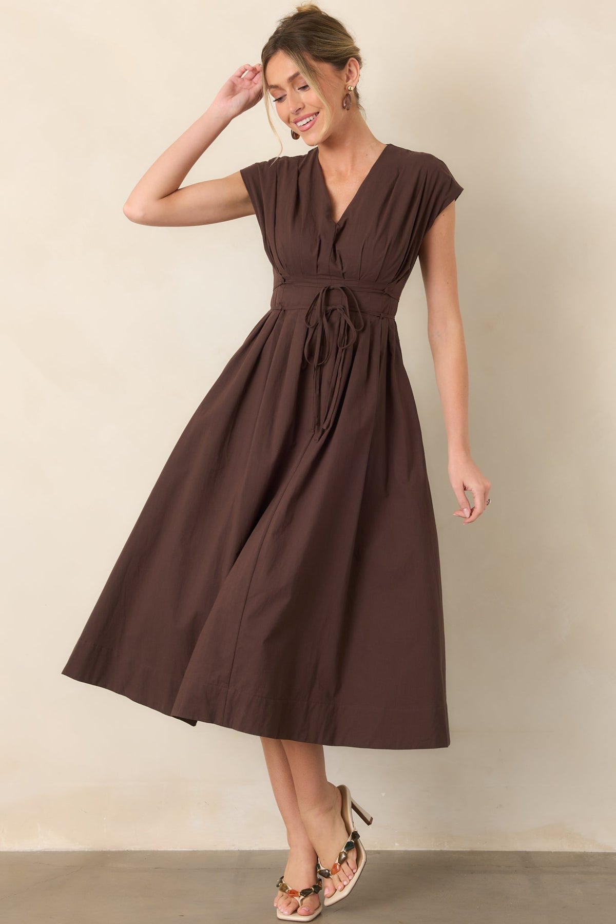 Gentle Reminders Brown Cotton Pleated V-Neck Midi Dress